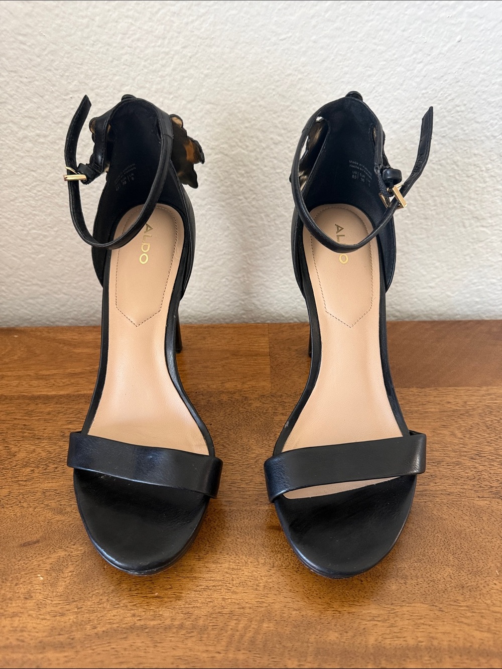 Aldo Black Leather Ankle-Strap Block Heels